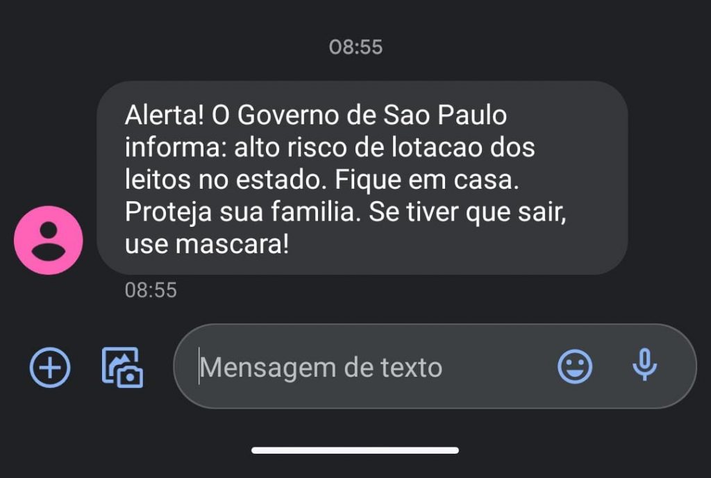 Governo do Estado de São Paulo envia mensagem SMS alertando população sobre lotação de leitos de UTI