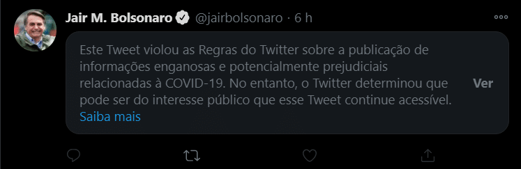 Twitter oculta post de Bolsonaro por ‘informação enganosa’ sobre tratamento precoce contra Covid